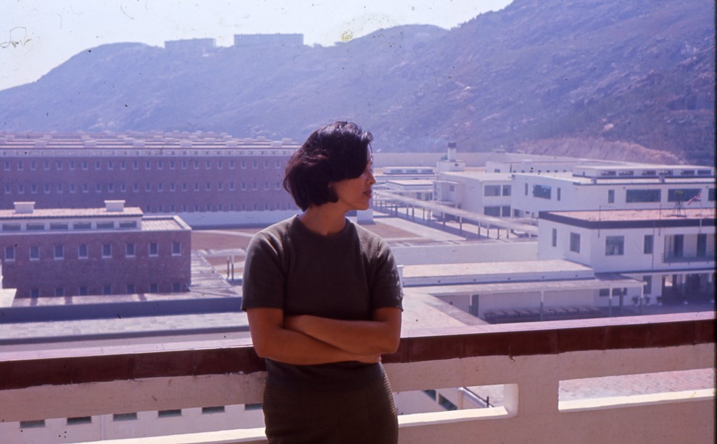 Yolanda on the veranda of her home overlooking HM Prison at Stanley in c.1963.